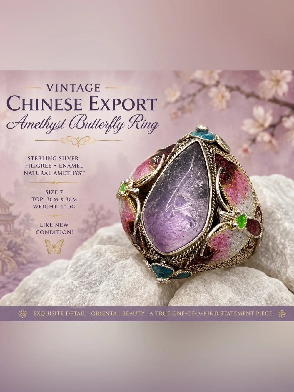 Vintage Chinese Export Sterling Silver Amethyst Enamel Butterfly Ring Size 7 10g